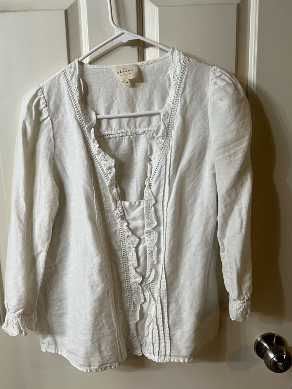 Sézane White Linen Blend Lace Eyelet Ruffle Blouse - Size FR 34 / US 2